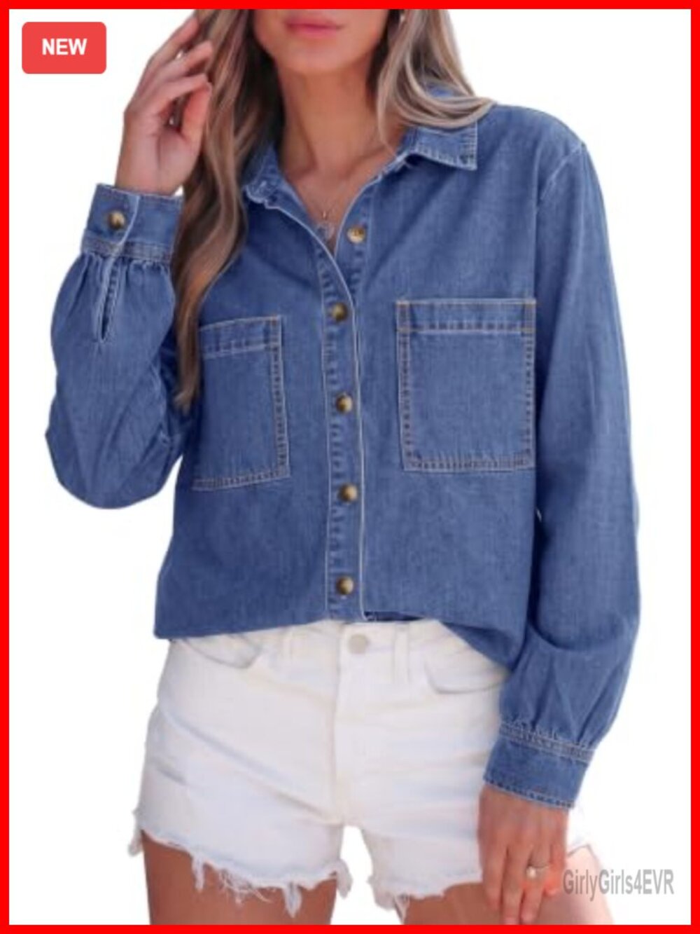 Womens Long Sleeve Button Down Denim Shirt Collared Relaxed Fit